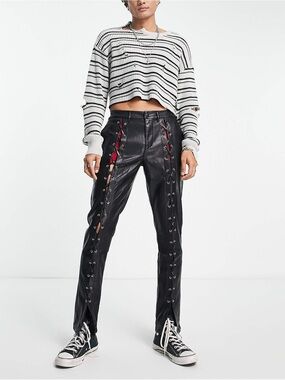 ASOS Design Black Vegan Leather Lace Up Front Slim Fit Pants Sz Large NWT